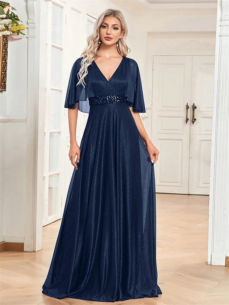 Pocono Elegant Shining Bat Sleeve Formal Evening Luxury A-line Gowns Dress