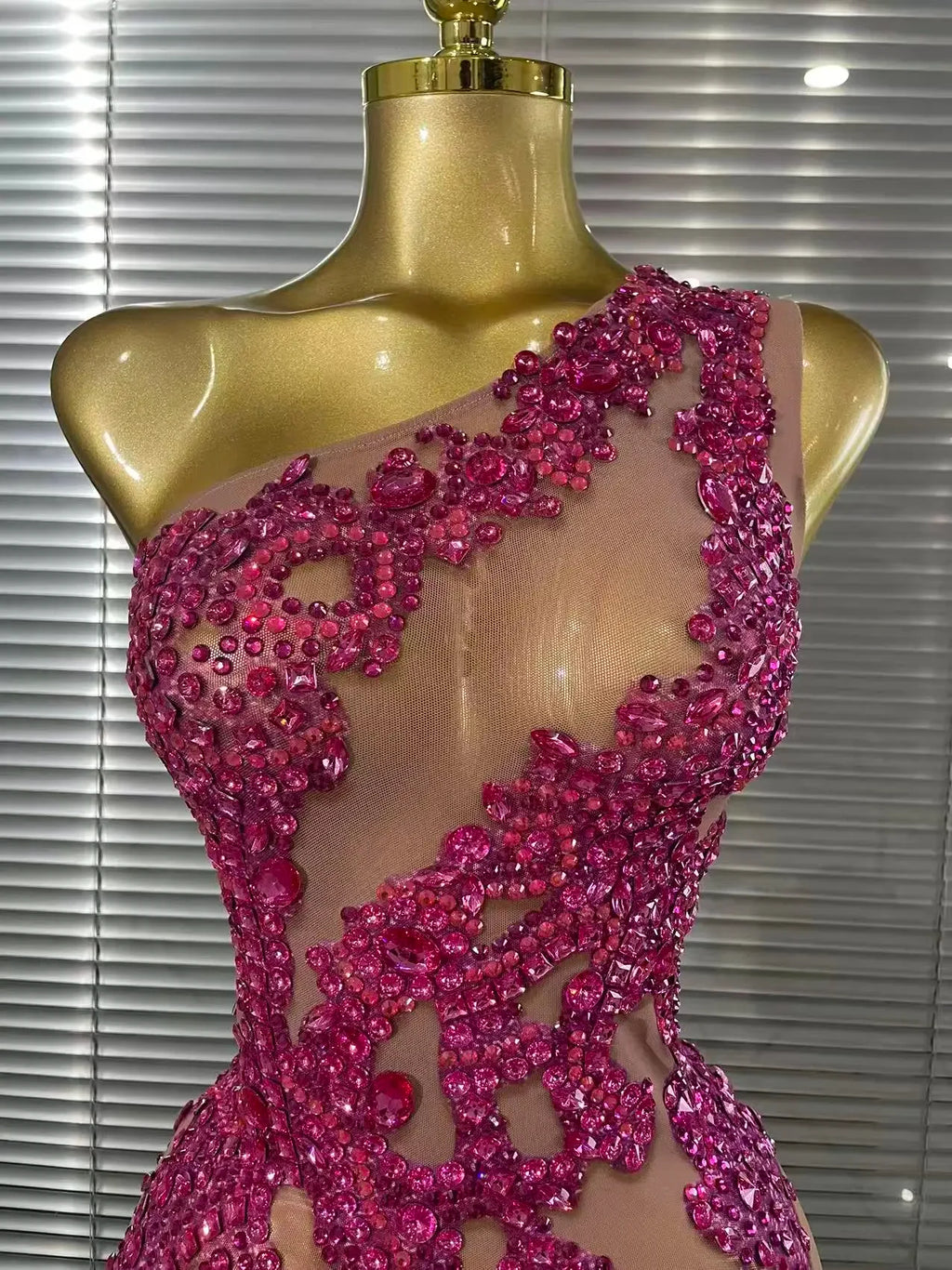Harper Ferry Shining Rosered Crystal Sexy One Shoulder Mesh See Through Bodycon Mini Dress