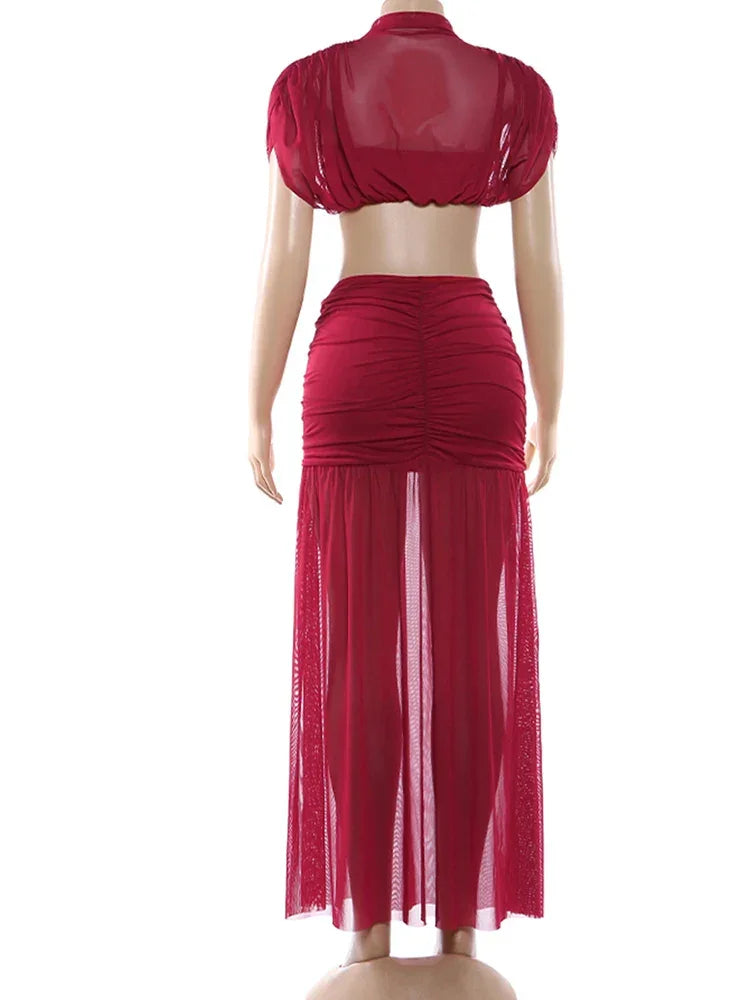 Haddam Half High Collar Shoulder Wrapped Ruched Patchwork Peach Hip Split Set