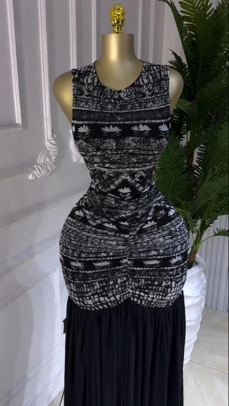 Printed Ruched Stacked Sleeveless Long Maxi Dress