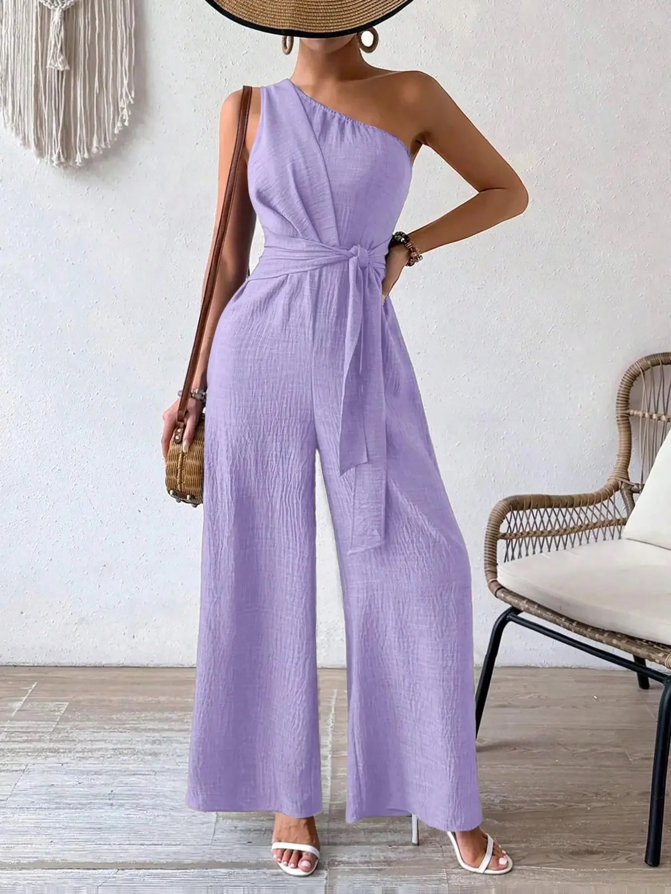 Detroit Fashion Sleeveless Diagonal Collar High Waist Lace-up Wide Leg Jumpsuits