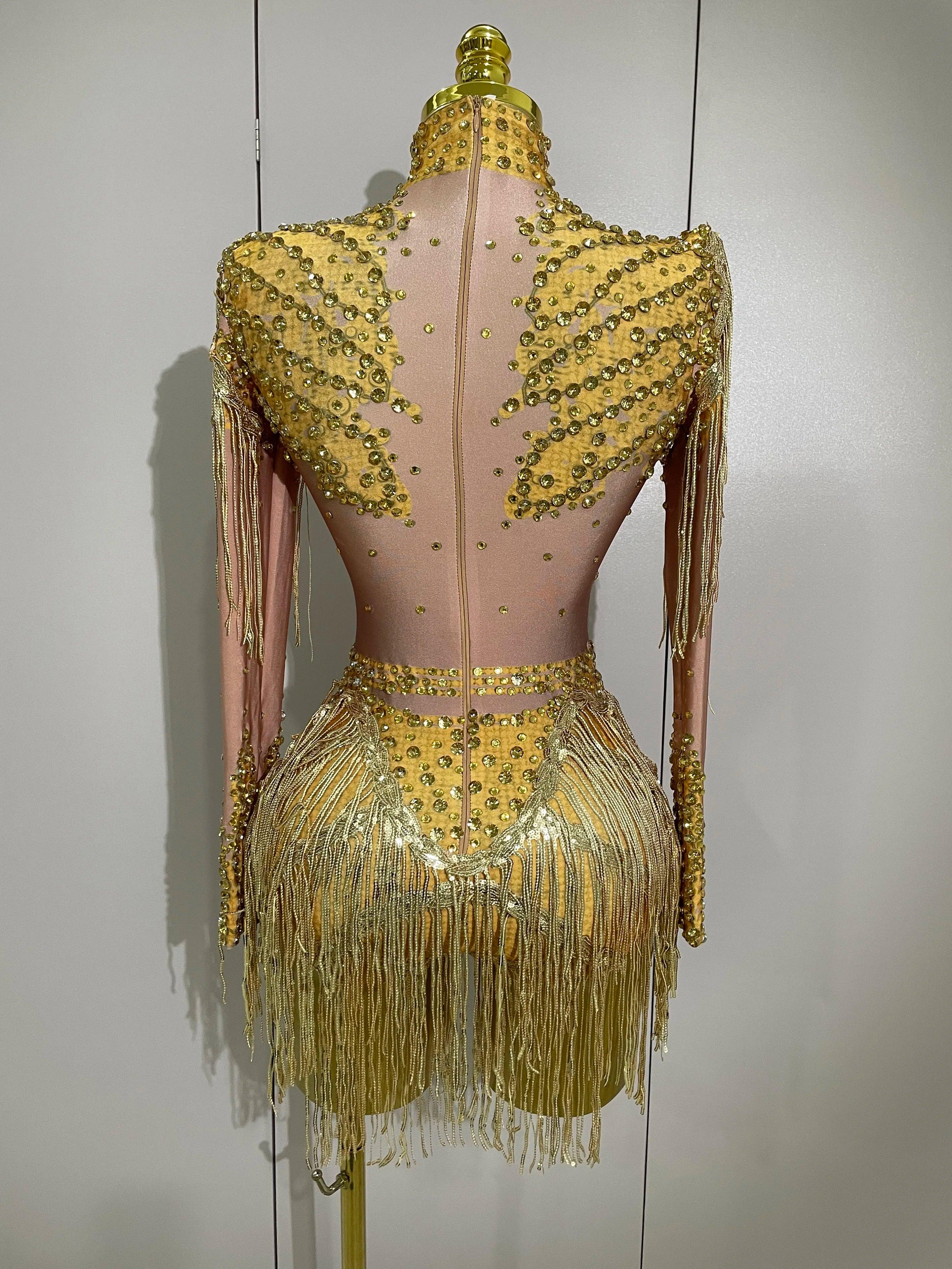 Chambersburg Sparkly Rhinestone Sequin Tassel Stretch Jumpsuit