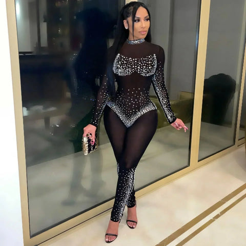 Union Square Fashion Sexy Mesh Perspective Hot Drill Long Sleeve Jumpsuit