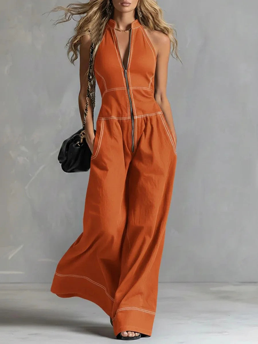 2026 New Summer Women's Jumpsuit Solid Color With Zipper Casual Loose Fashion Comfortable Unique Retro Niche Commuting Jumpsuit