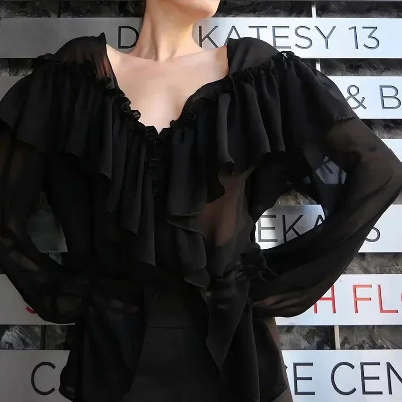 Allentown White Chiffon V-Neck Sexy See Through Shirt Beach Blouse