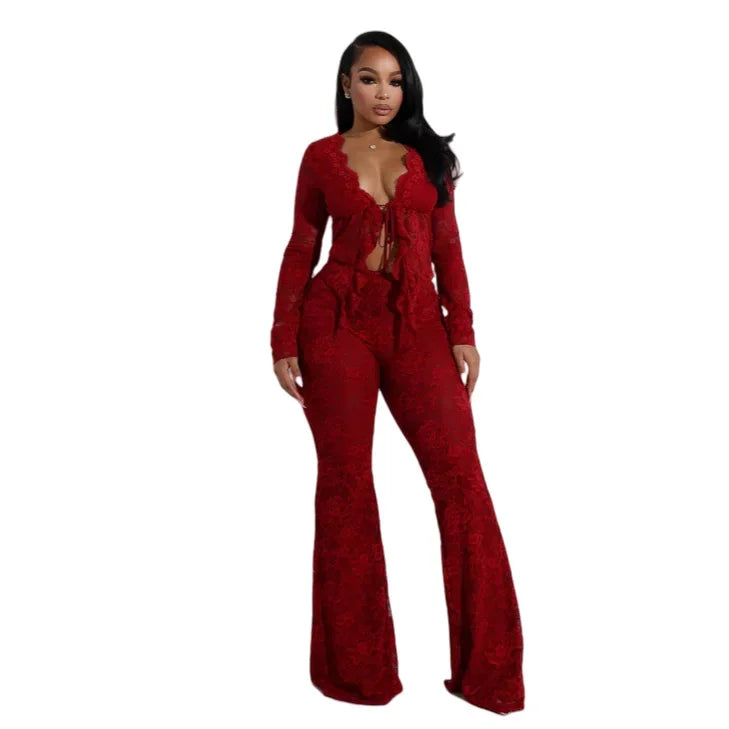 Nani Long Sleeve Lace See Through Two Piece Sets