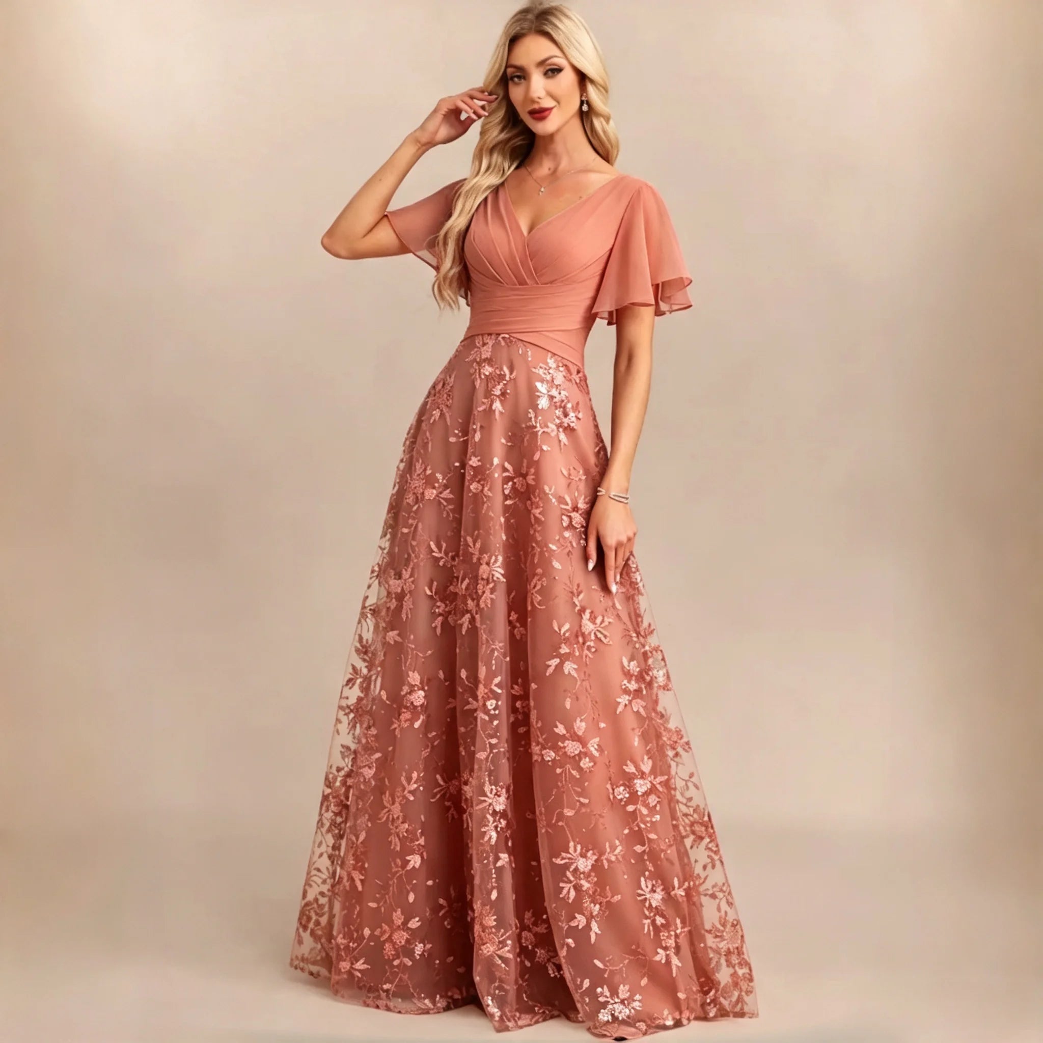 Neiba Dark Green V Neck Chiffon Flutter Sleeve Bridesmaid Ruched Waist Floral Sequin Dress