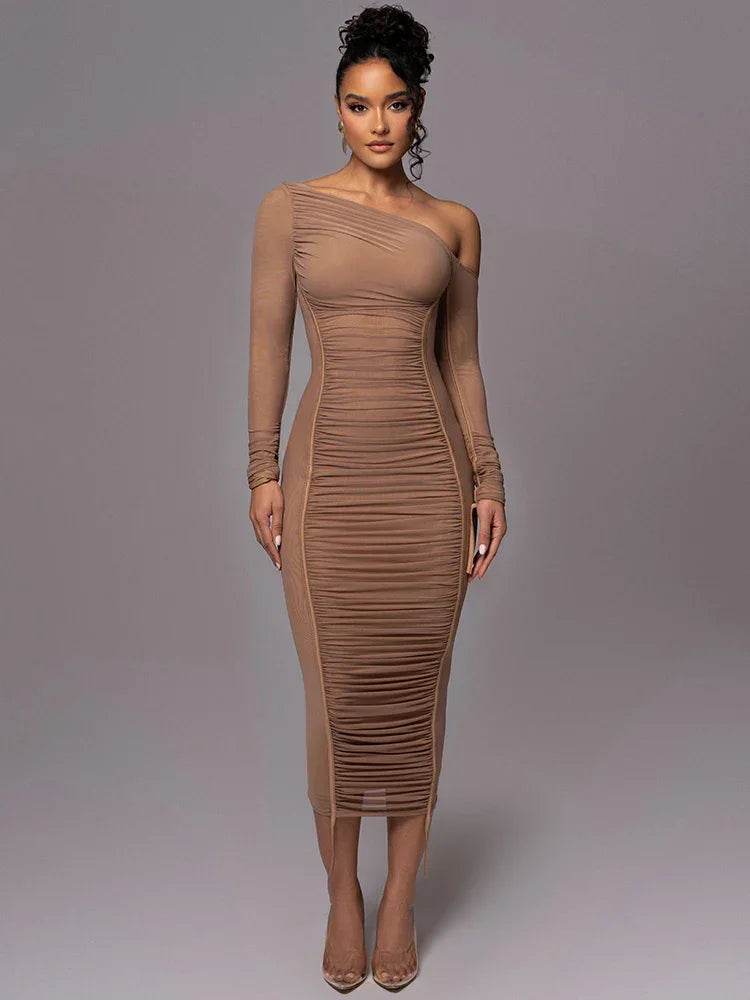 Dyker Heights Diagonal Collar Long Sleeve Mesh Backless Ruched Bodycon Midi Dress