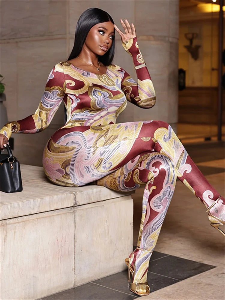 China Town Fashion Art Colorful Print o-Neck Full Sleeve Skinny Peach Jumpsuit
