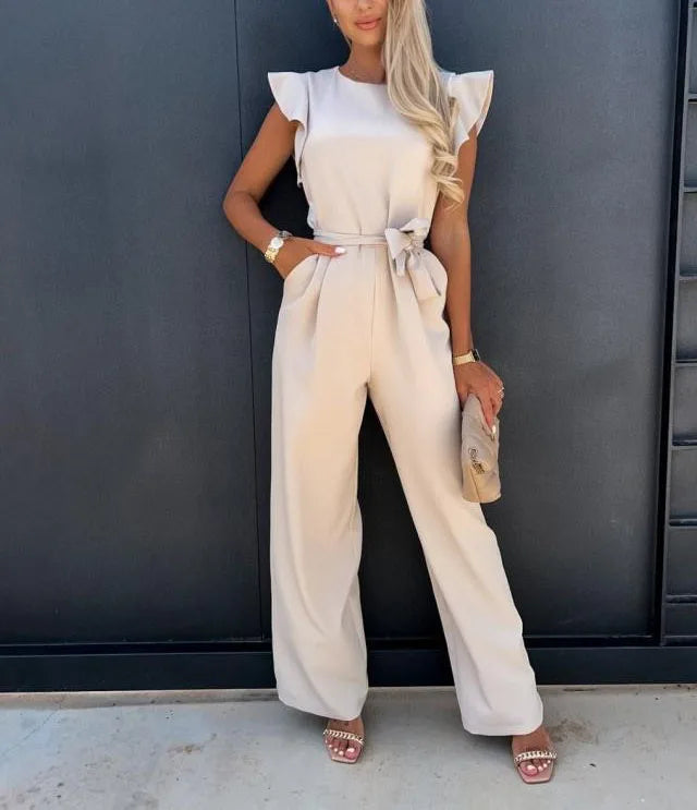 Jumpsuit with Lace Up High Waist Elegant Women's Solid Color Straight Tube Fashionable Ruffle Edge Sleeves Dating Jumpsuit