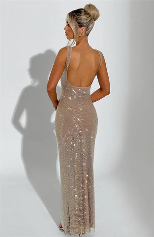 Bellport Sequins Backless Gown Sparkle Square Collar Sleeveless Bodycon Long Dress