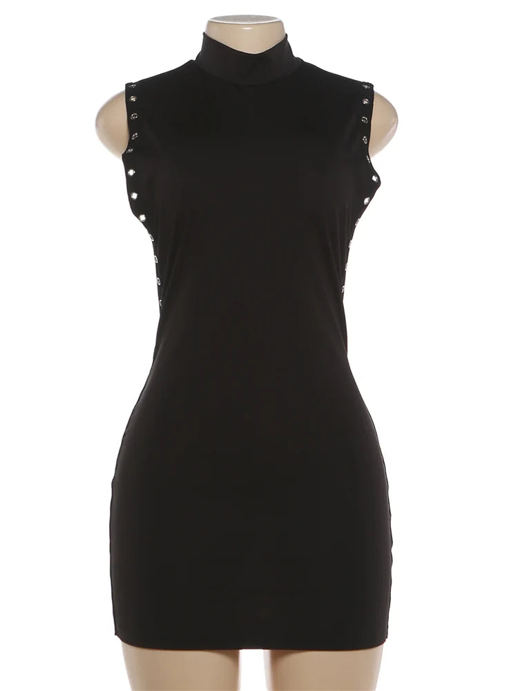 Branchville Nibber Peach Hip O Neck Sleeveless Side Hollow Design Metal Rings Mini Dress
