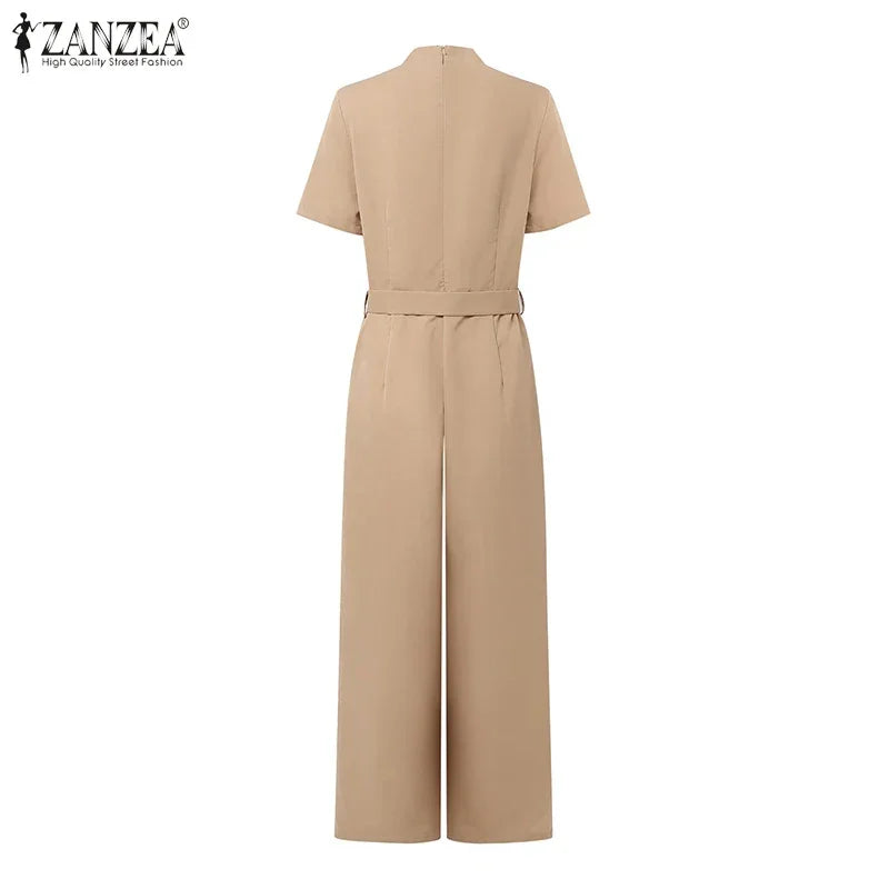 Weirton High Waist Jumpsuits Workwear Belt Rompers Solid Deep V Neck Elegant Overalls