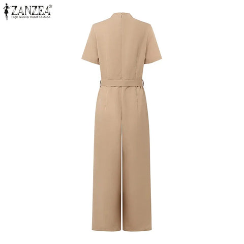 Weirton High Waist Jumpsuits Workwear Belt Rompers Solid Deep V Neck Elegant Overalls