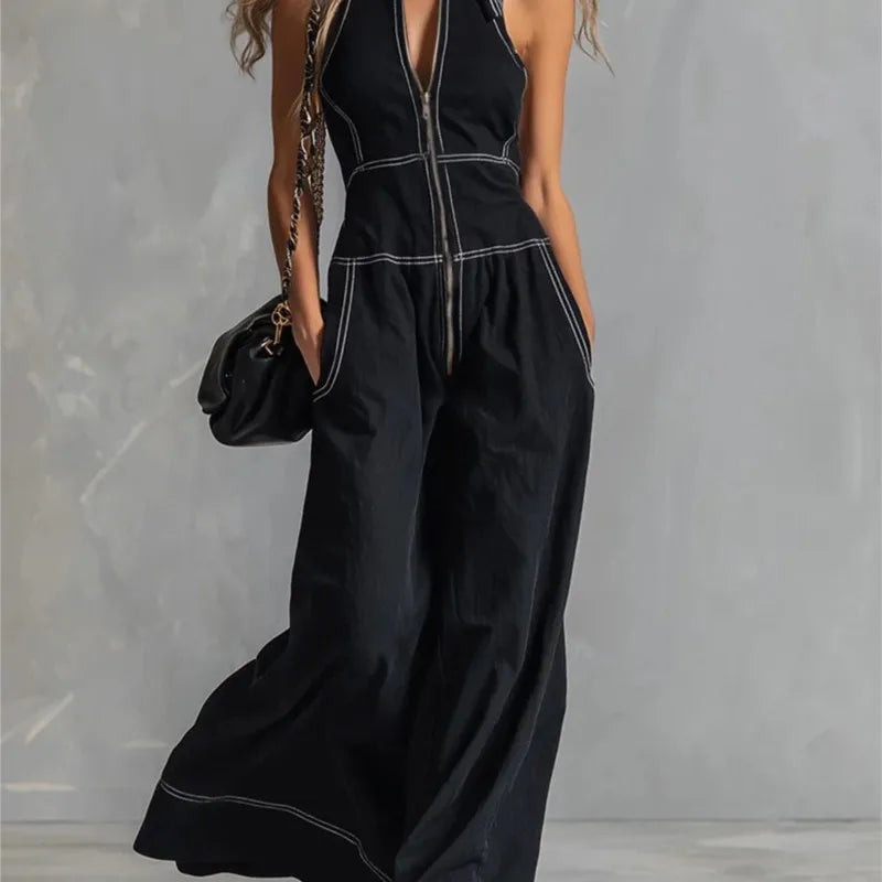 2026 New Summer Women's Jumpsuit Solid Color With Zipper Casual Loose Fashion Comfortable Unique Retro Niche Commuting Jumpsuit