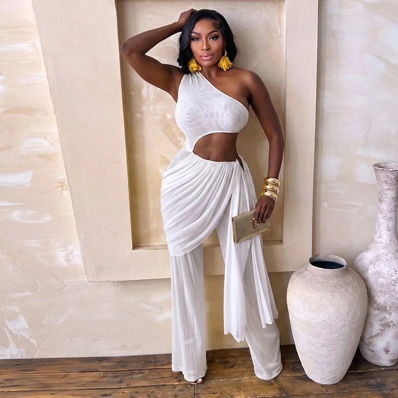 Alabama Mesh See Through One Shoulder Cutout Waist Jumpsuit Draped Overlay