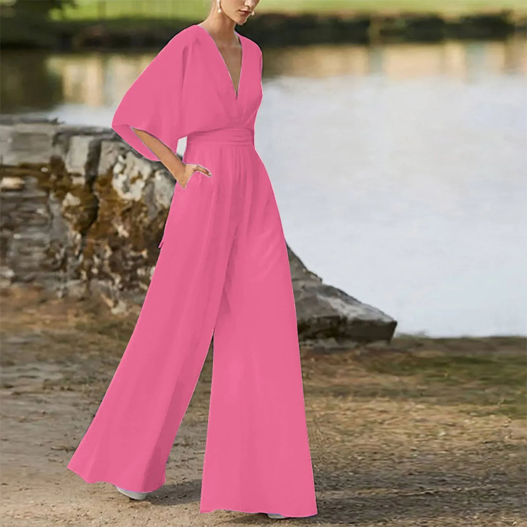 Deep V-Neck Half Solid Casual One-Piece