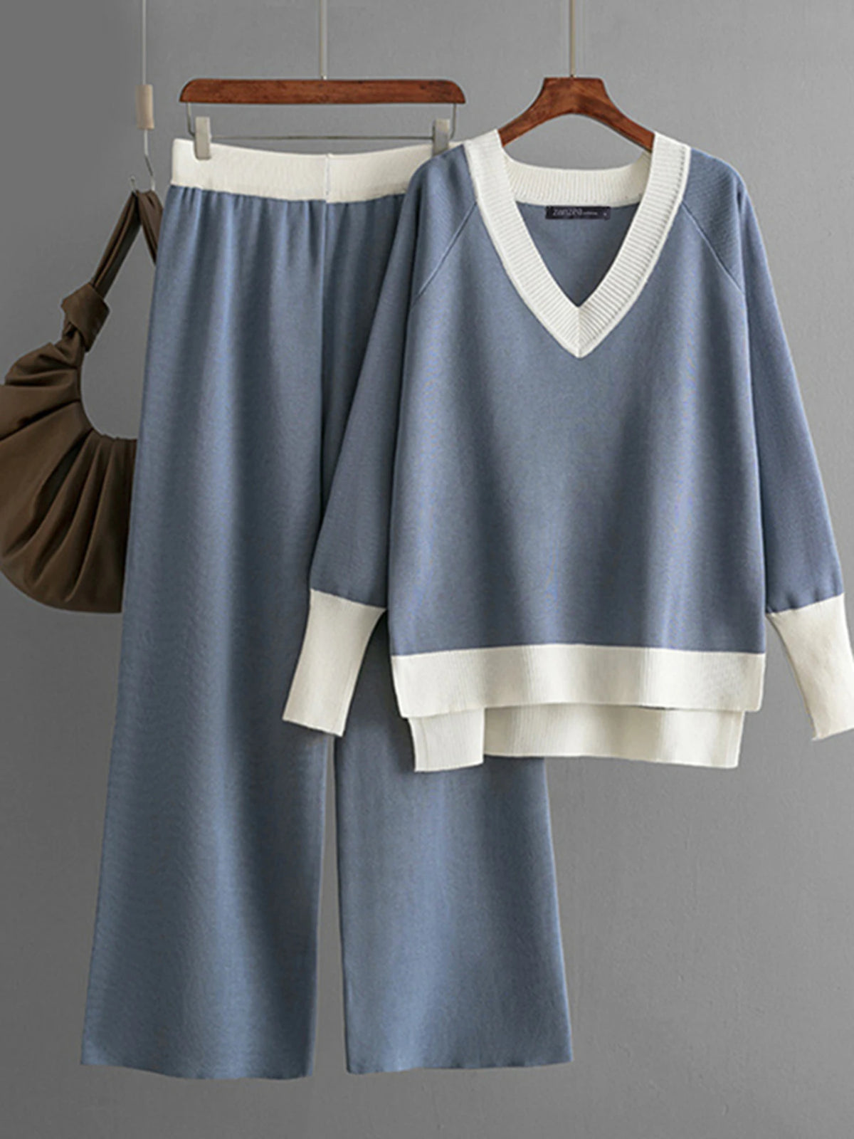 Erika Autumn Knitted Plus Size Colorblock Two Piece Sets