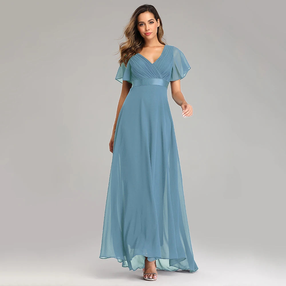 Kerney Elegant V Neck Ruffles Chiffon Formal Evening Gown Dress