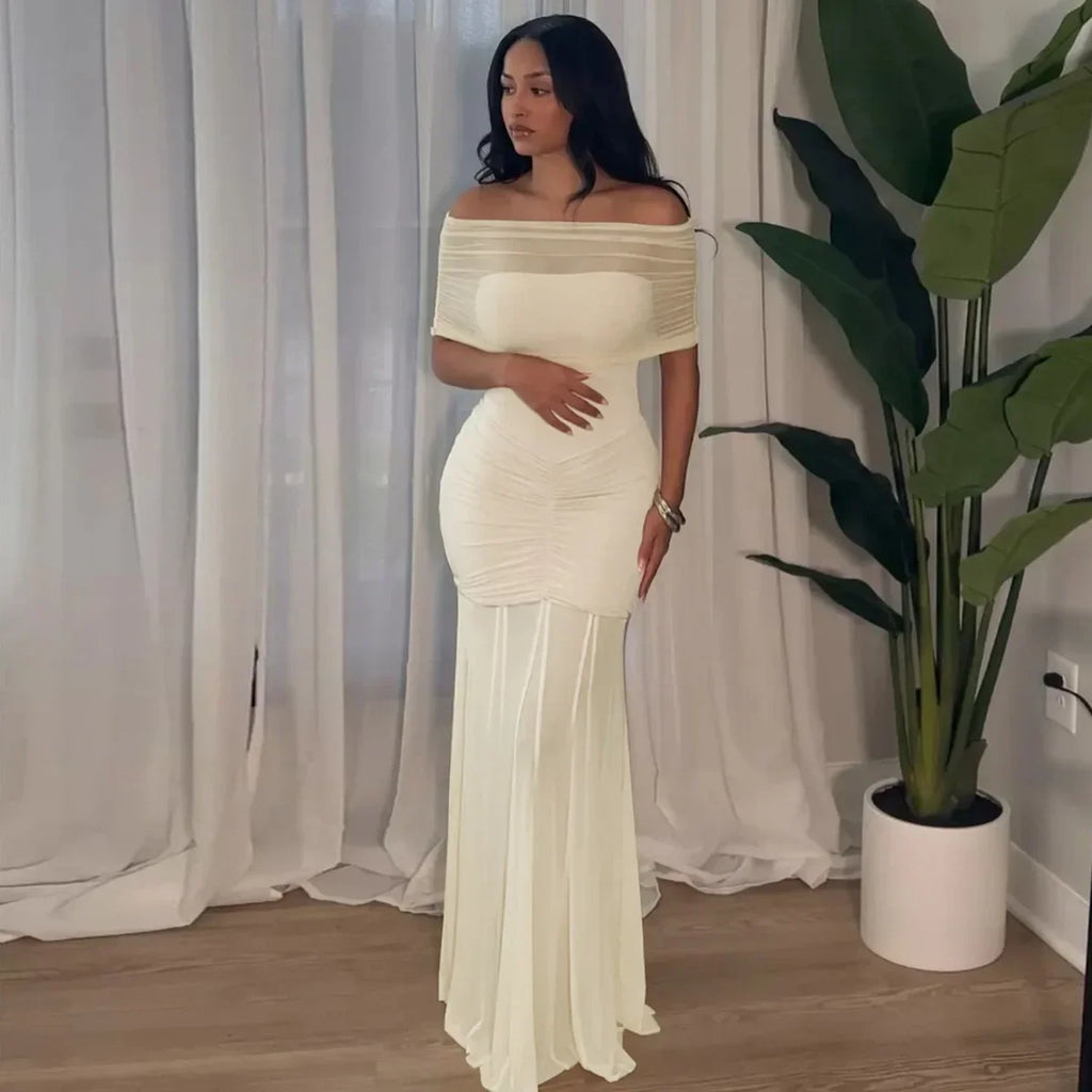 Cowen Off Shoulder Mesh Apricot See Through Ruched Dress