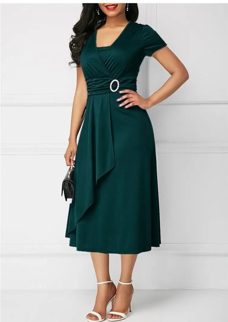 Seattle Solid Color Short Sleeve V Neck Asymmetric Hem Waist Midi Party Dress