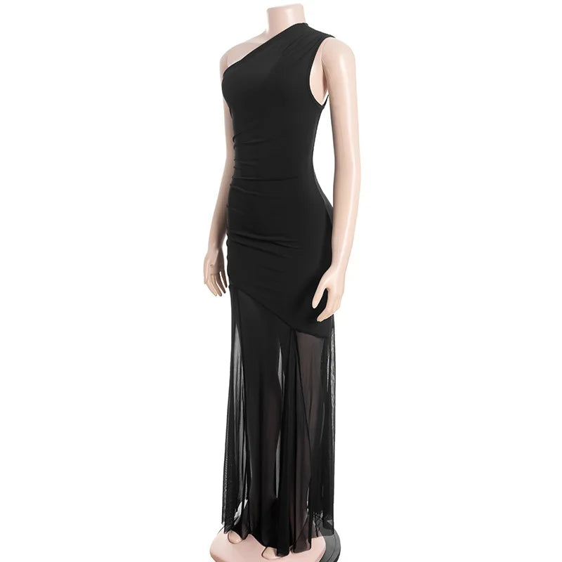 Off Shoulder See Through Dress Solid High Waist Patchwork Backless Slim Long Dress