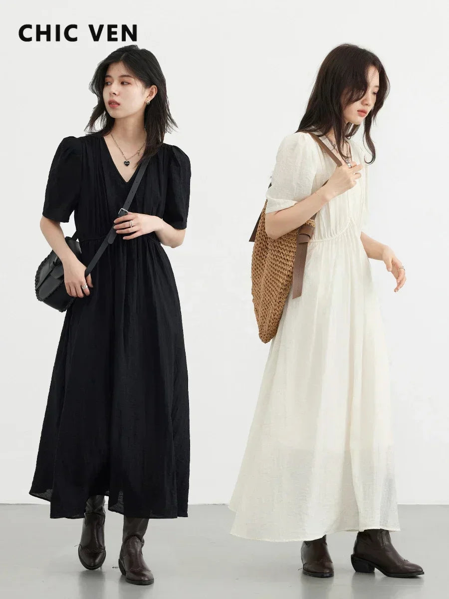 French Style Vintage V Neck Puff Sleeve Solid Black Loose Long Dress