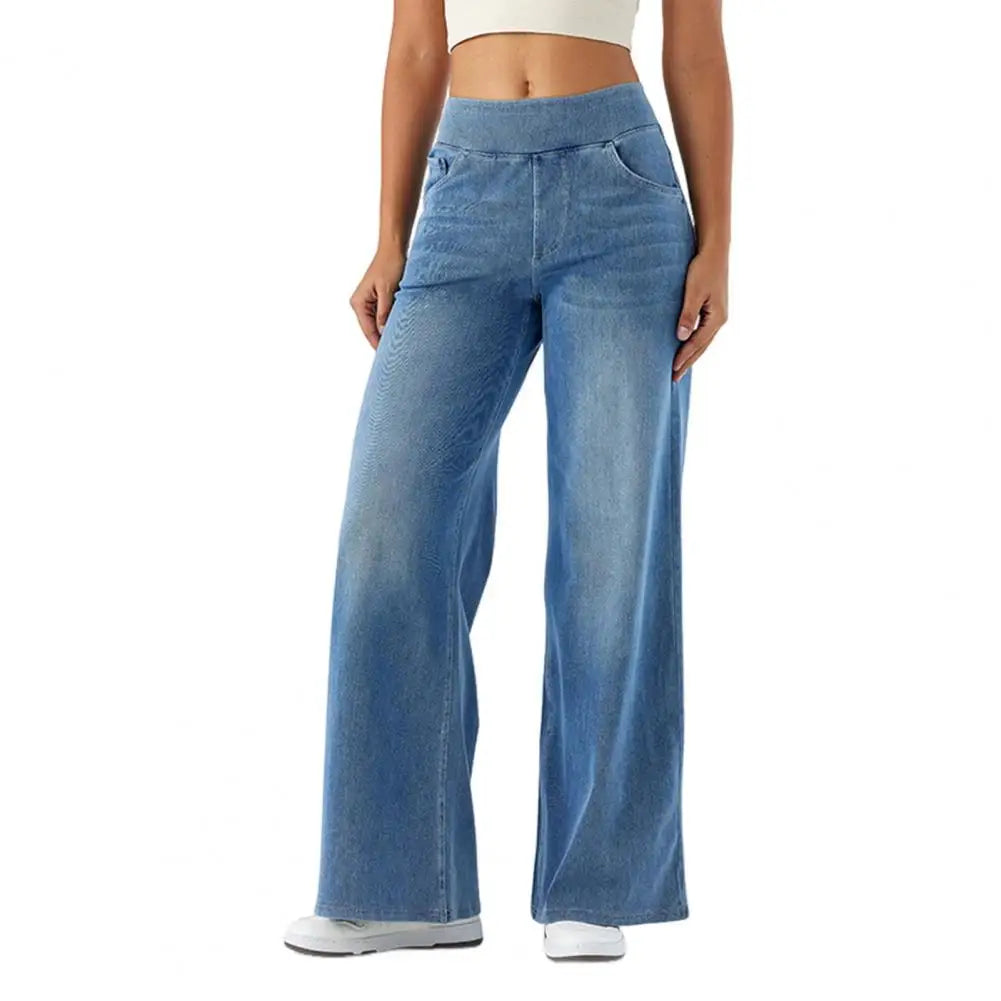 Women Jeans with Pockets Elastic Casual High Waist Wide-leg Jeans Solid Color Full