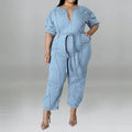 Plus Size Half Zipper Front Belted Jumpsuit Women New Streetwear Puff Sleeve Fashion Washed Jumpsuit