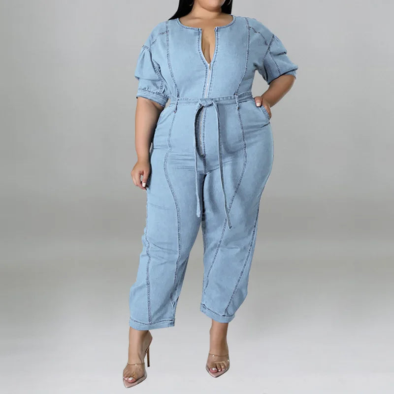 Plus Size Half Zipper Front Belted Jumpsuit Women New Streetwear Puff Sleeve Fashion Washed Jumpsuit