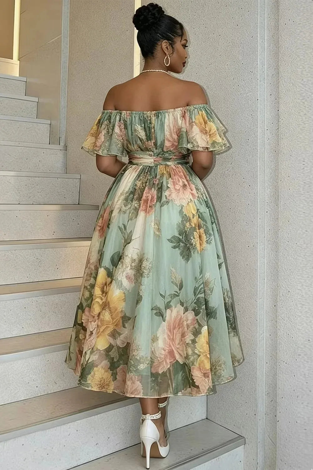 Texas Plus Size Green Floral Off Shoulder Ruffle Chiffon Midi Dress
