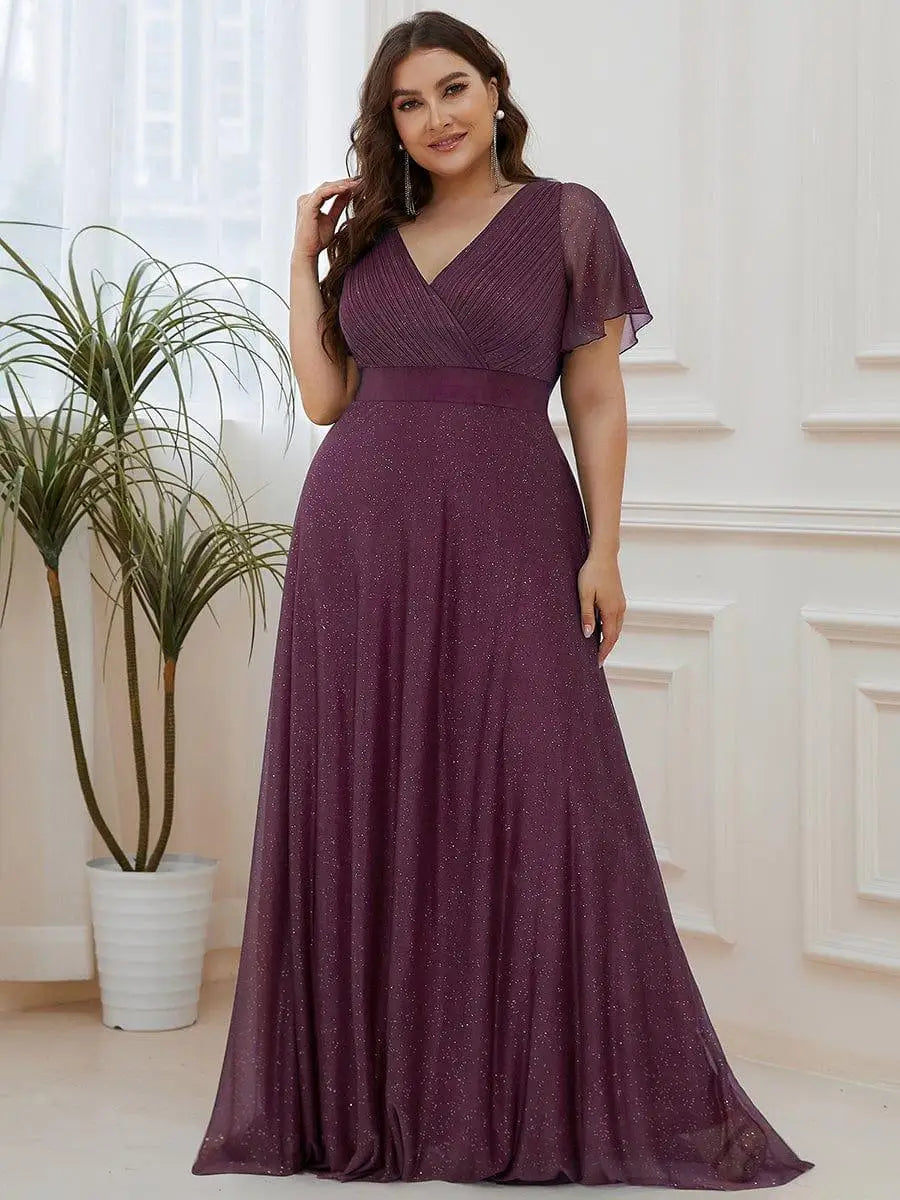 Gazcue Plus Size Chiffon Mother of the Bride Party Glitter V Neck A Line Dress
