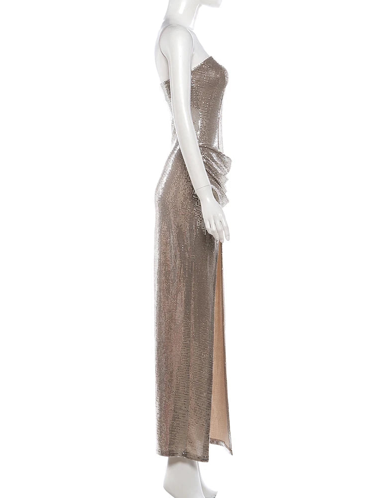 Irlanda Strapless Shiny Sequins Wrap Chest Backless Sleeveless Ruched High Splits Dress