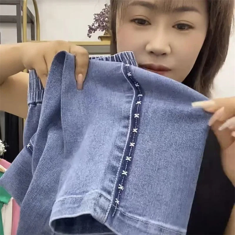 Fashion Women Jeans 2025 New Spring Autumn Korean Wild Elastic Waist Straight Denim