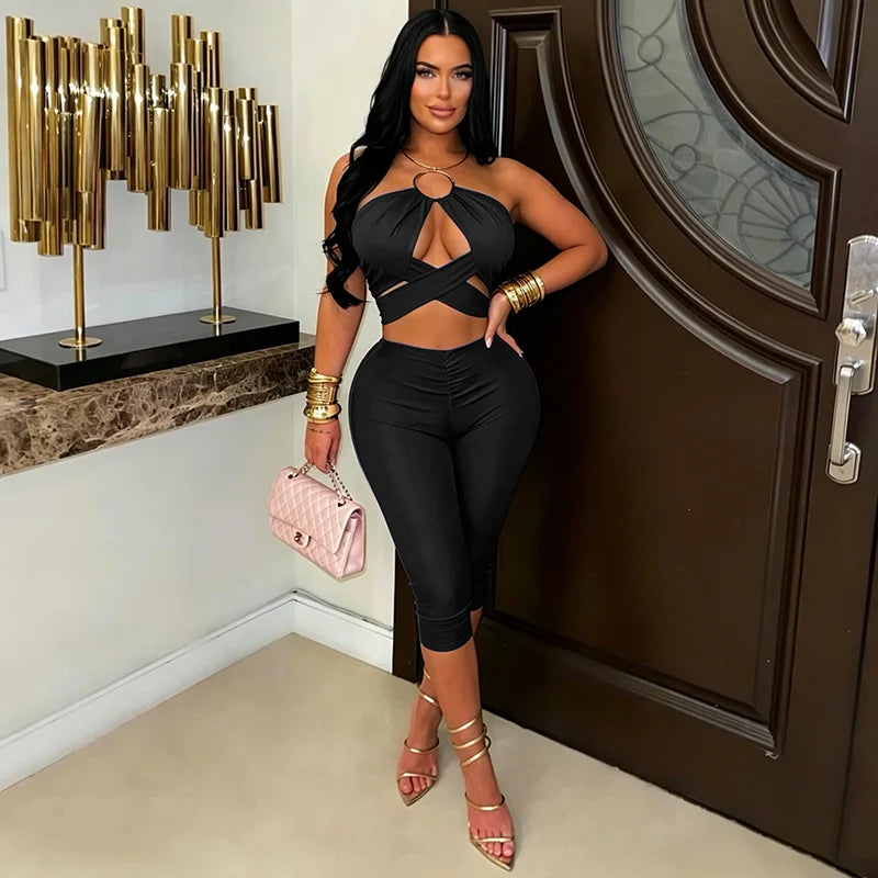 Lorena Solid Color Hanging Neck Tight Fitting Two Piece Sets