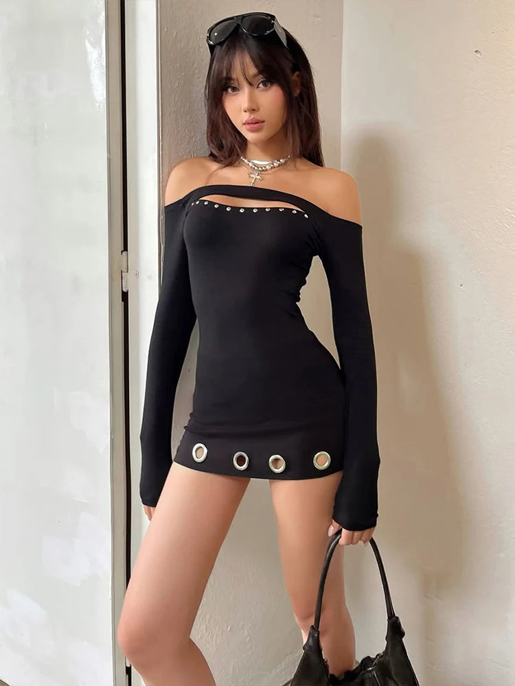 Fords Rivet Metal Hollow Sexy Slash Neck Patchwork Full Sleeve Basic Bodycon Dress