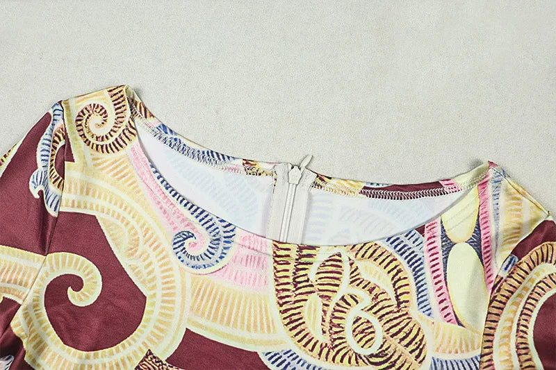 China Town Fashion Art Colorful Print o-Neck Full Sleeve Skinny Peach Jumpsuit