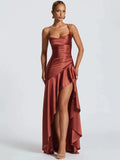 Haverstraw Satin Spaghetti Strap Ruffle Sexy Off-shoulder Sleeveless Backless Maxi Dress
