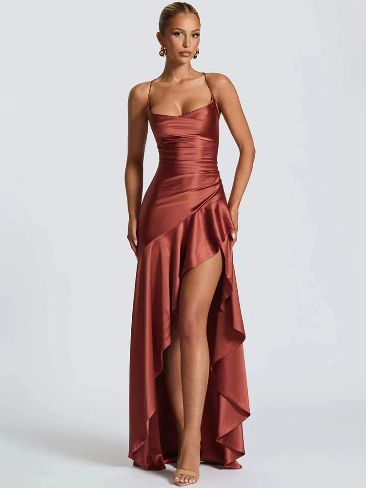 Haverstraw Satin Spaghetti Strap Ruffle Sexy Off-shoulder Sleeveless Backless Maxi Dress