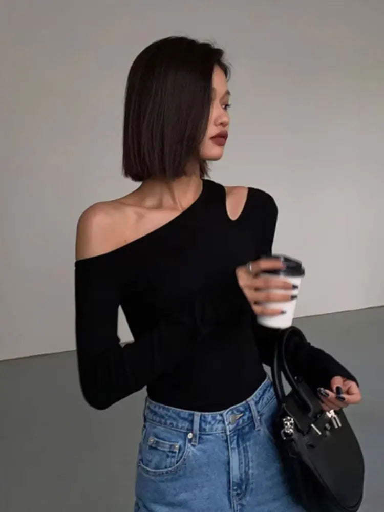 Union City Skew Collar Off Shoulder Long Sleeved T Shirts New Solid Slim Fit Crop Top