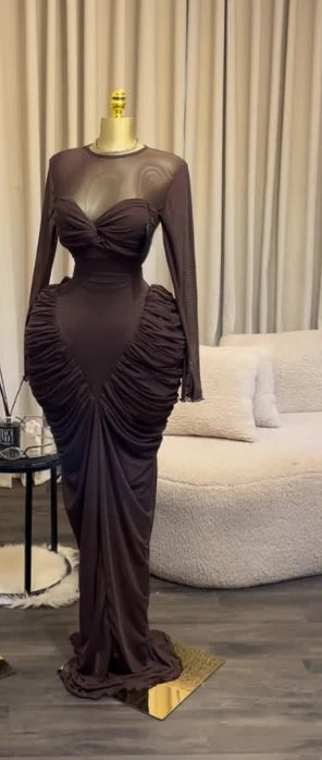 Ocean City Long Sleeve Patchwork Ruched Stacked Lace Up Smock Maxi Long Dress