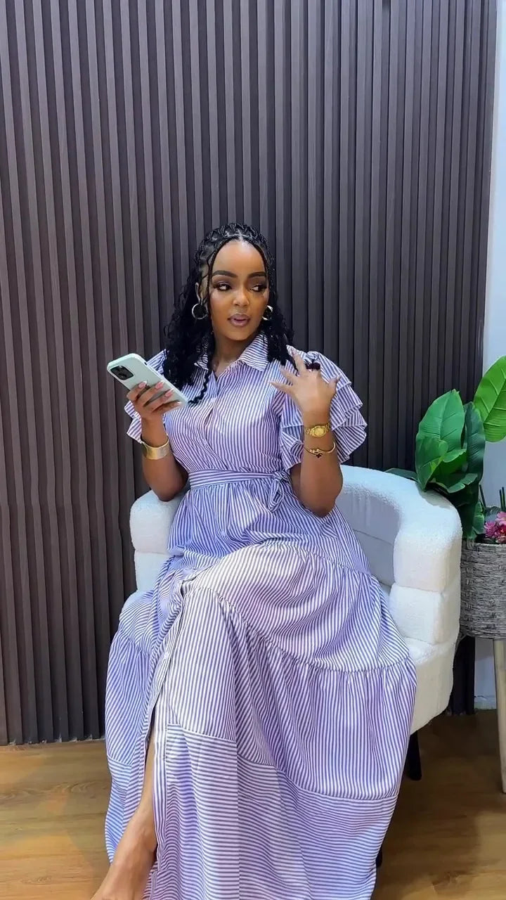 Rutherford Striped Butterfly Sleeve Loose High Waist Single Breasted Casual Long Dress
