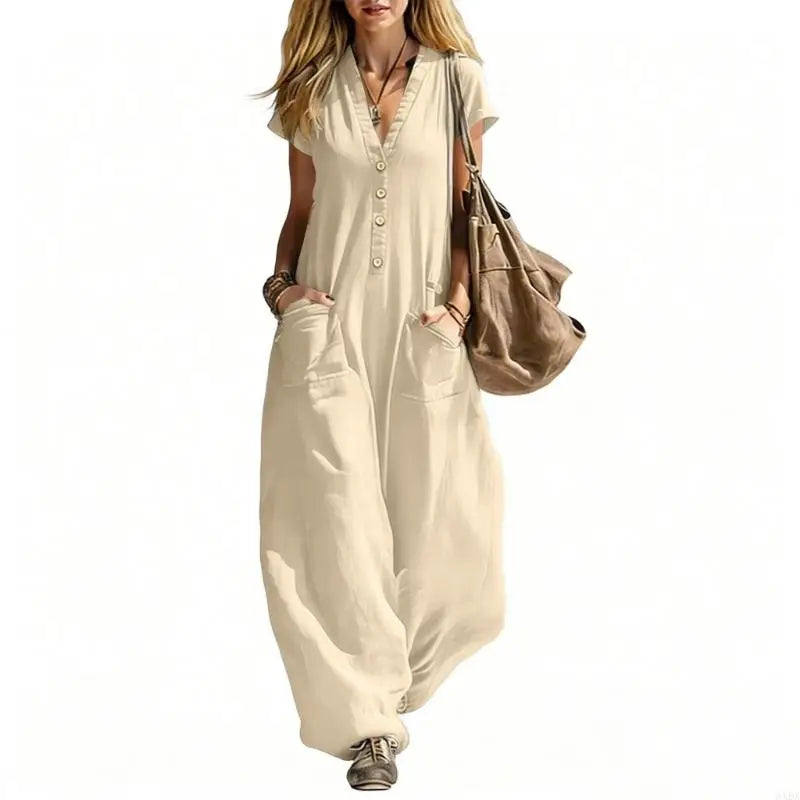 Jumpsuits for Women Linen Button Sleeve Jumpsuits Wide Leg V Neck Rompers Vacation Clothes with Pockets 6XDA