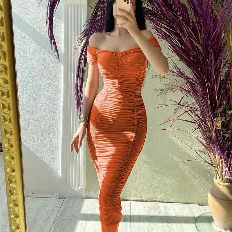 Bedminster Style Solid Color Long Elegant One-Shoulder Midi Dress