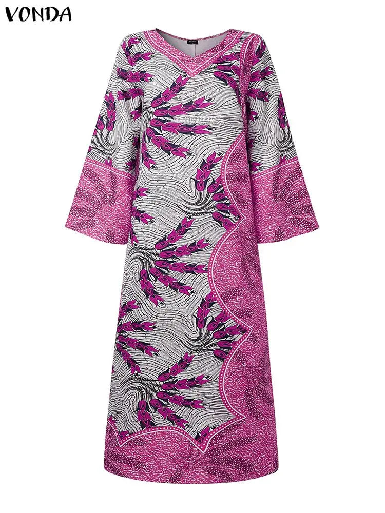 Samba Plus Size Bohemian Long V Neck Sleeve Printed Maxi Dress