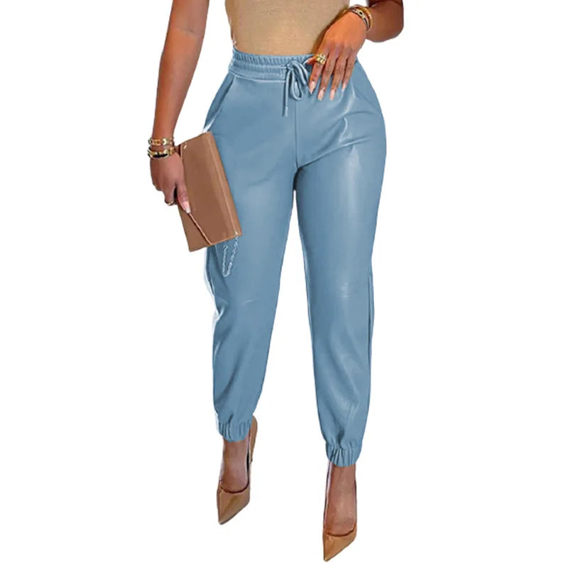San Antonio PU Leather Fashion Elastic Waist Long Vintage Elegant Casual Loose Pants
