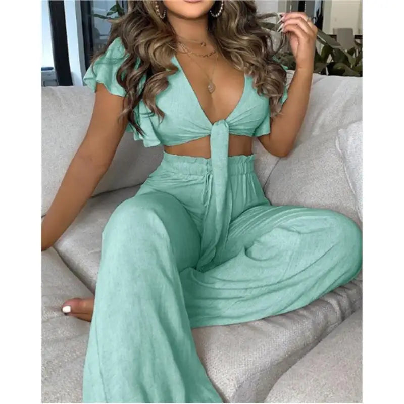 Hilda Belted Low Long Thouser Casual Two Piece Sets