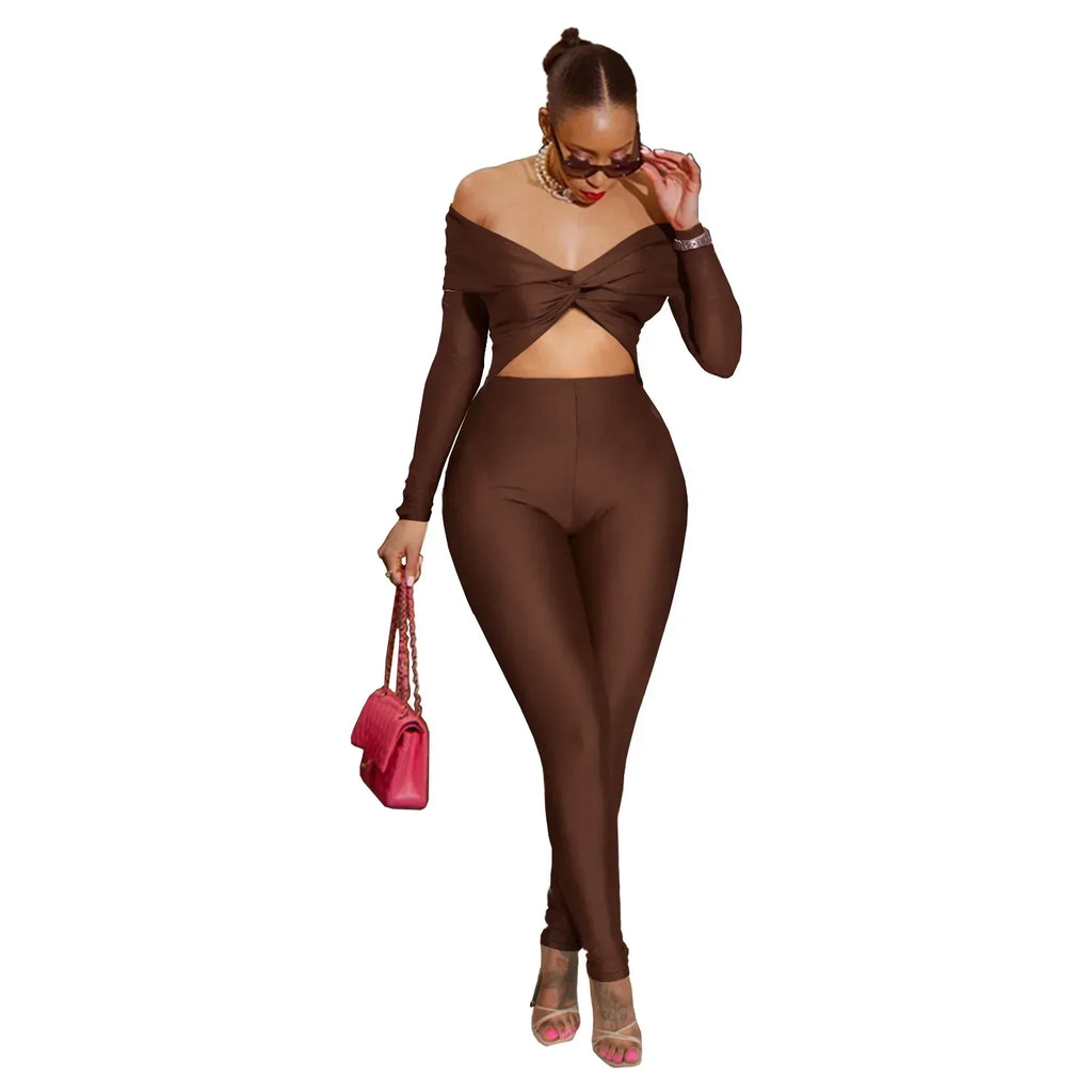 Oneida Hollow Out Sexy Party Clubwear Long Sleeve Slash Neck Crop Jumpsuits