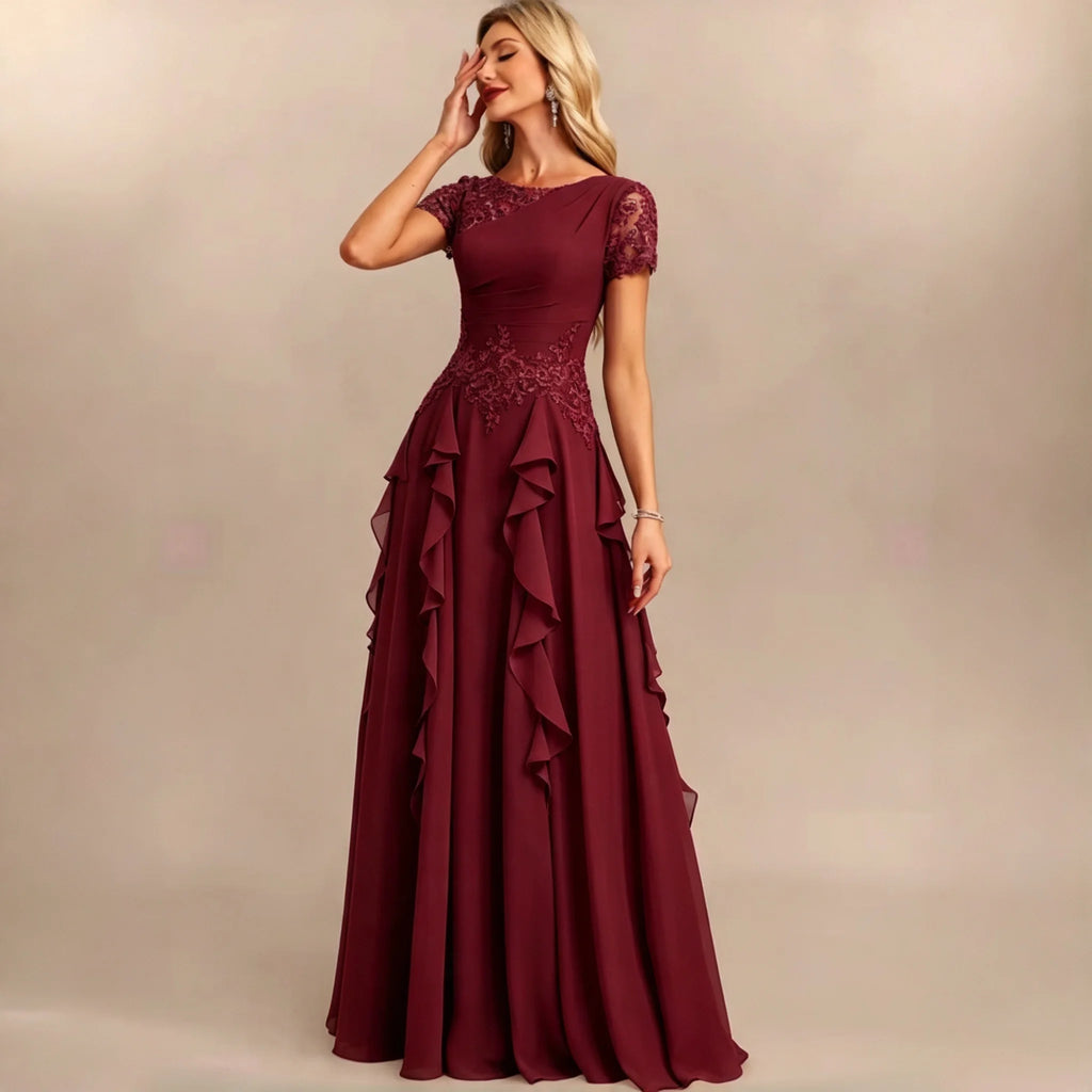 Dumbo Asymmetrical Neck Chiffon Bridesmaid Lace Sleeve Ruched Waist Cascading Dress
