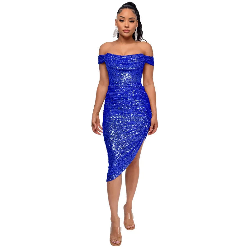 Virginia One Shoulder Bodycon Sparkly High Slit Midi Dresses
